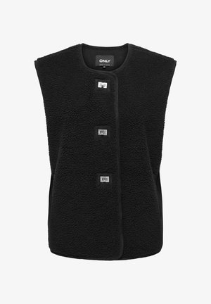 Svart fleecväst med rund halsringning, vida ärmhål, tre silverfärgade fyrkantiga knappar och ett texturerat tyg för värme. Utan stängningar.