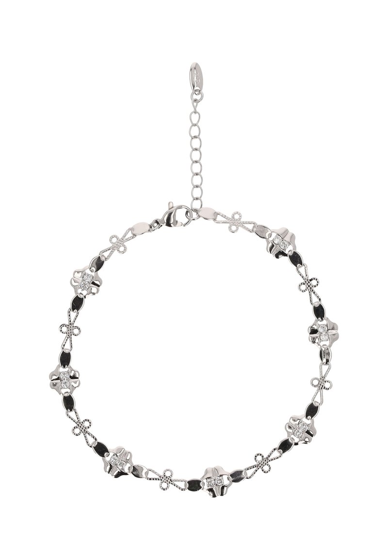 Ezüst színű karkötő virágmotívumokkal, fekete akcentusokkal és apró, tiszta kristály részletekkel. Állítható lánc kapcsos zárással.
