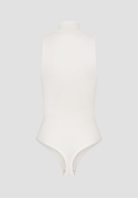 White sleeveless bodysuit with a high neck, ribbed texture, and a thong-style bottom. Features smooth edges and a fitted design.