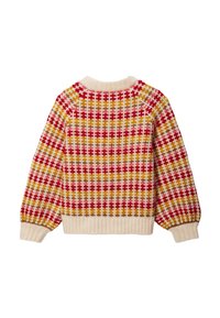 Pull en maille arborant un motif à carreaux rouge, jaune et crème. Poignets et ourlet côtelés, col rond et coupe décontractée. Texture douce.