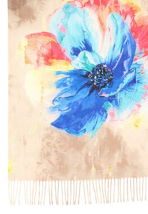 Kwiatowy szalik z dużym niebieskim kwiatem na beżowym tle, z dodatkowymi czerwonymi i żółtymi akcentami. Wykończony frędzlami.