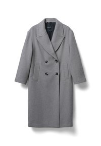 Grau melierter, doppelt gefütterter Wollmantel mit großen Revers, zwei vorderen Taschen und schwarzen Knopfdetails. Hat einen geraden Schnitt und Dreiviertelärmel.