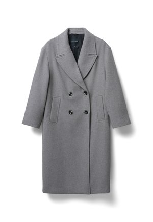 Grau melierter, doppelt gefütterter Wollmantel mit großen Revers, zwei vorderen Taschen und schwarzen Knopfdetails. Hat einen geraden Schnitt und Dreiviertelärmel.