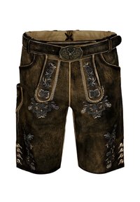 Bruna lädershorts med intrikata silverbroderier, en dekorativ spänne och sidofickor med knappdetaljer.
