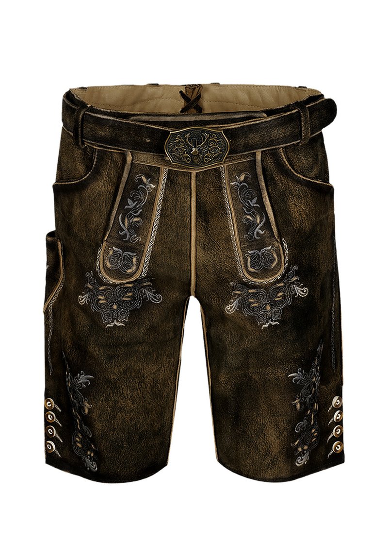 Bruna lädershorts med intrikata silverbroderier, en dekorativ spänne och sidofickor med knappdetaljer.