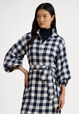 CHECK BELTED COTTON SHIRTDRESS - Ingruha - mascarpone cream/navy