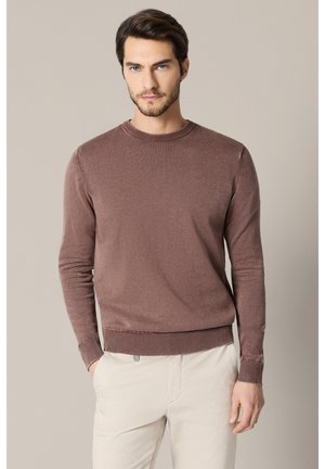 Mężczyzna z jasnym zarostem, ubrany w brązowy sweter bez kołnierza i beżowe spodnie, stoi na tle jednolitego beżowego tła.