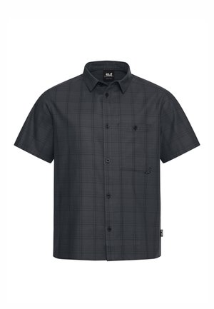 Kortarmig geruit overhemd in donkergrijs, met een knoopsluiting aan de voorkant, een borstzak en een gladde stoftextuur. Zwarte accenten en stiksels.