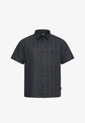 Kortarmig geruit overhemd in donkergrijs, met een knoopsluiting aan de voorkant, een borstzak en een gladde stoftextuur. Zwarte accenten en stiksels.