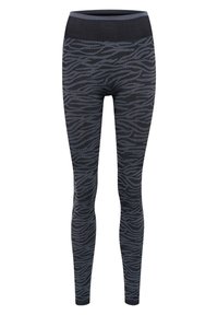 Svarta leggings med ett grått vågmönster, elastisk hög midja och slät textur. Passar för träning eller vardagsoutfits.