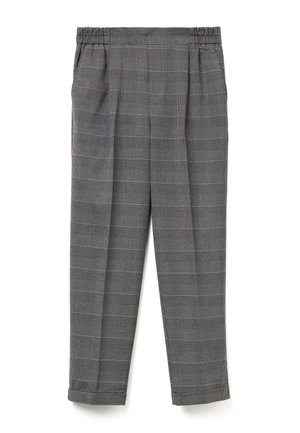 Pantaloni a quadri grigi con vita elastica, caratterizzati da pieghe, tasche laterali e una gamba affusolata. Tessuto morbido.