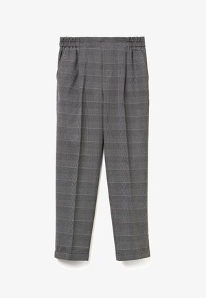 Pantalones de cuadros grises con cintura elástica, que cuentan con pliegues, bolsillos laterales y un diseño de pierna ajustada. Textura de tela suave.