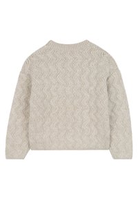 Beige trui met een gestructureerd zigzagpatroon, ronde halslijn en lange mouwen; gemaakt van een zachte, chunky breimateriaal.