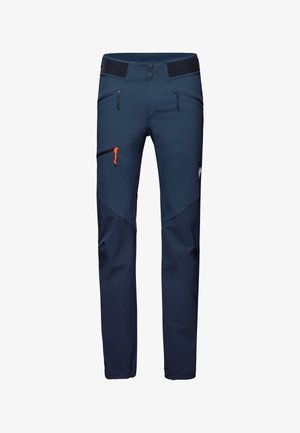 Pantaloni softshell blu navy con tasche con zip, vita regolabile, pannelli delle ginocchia rinforzati e zip di contrasto arancione.