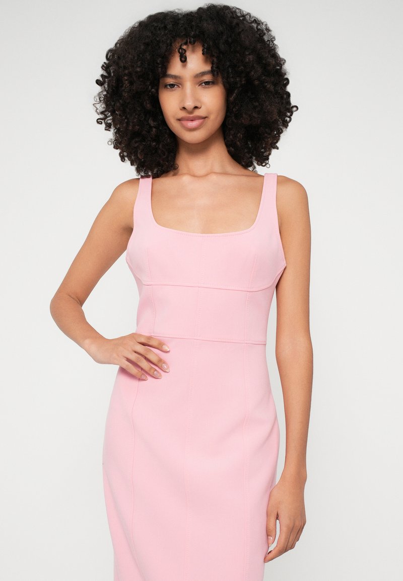 strapless open back dress Hot Pink Gathered Midi Dress With Shoulder Pads – AX Paris