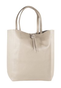 Sac cabas en cuir beige clair avec surface texturée, deux poignées robustes et fermeture à cordon coulissant en haut. Forme simple et rectangulaire.
