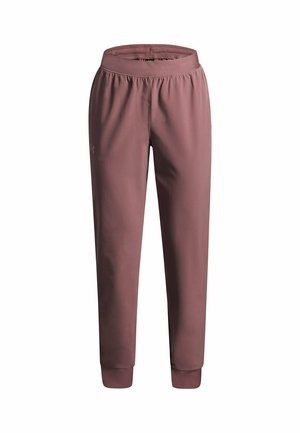 Athletic pants in dusty rose, made from soft material. Features an elastic waistband and fitted cuffs at the ankles. Simple logo accent.
