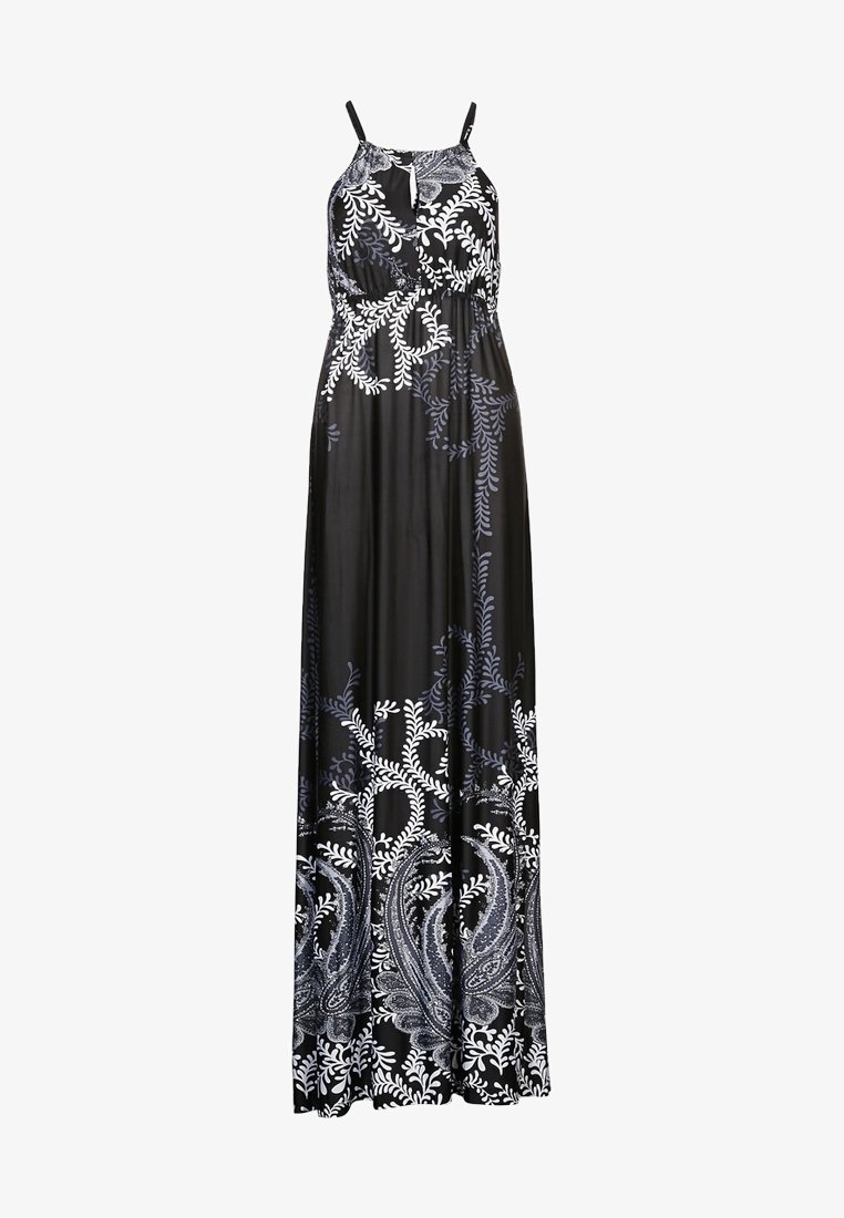 Robe maxi noire sans manches avec fines bretelles et motifs feuillus et cachemire blancs et gris.