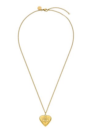 Goldene Halskette mit herzförmigem Anhänger, auf dem ein Augendesign und ein kleiner klarer Edelstein in der Mitte des Auges zu sehen sind.