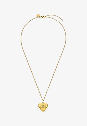 Goldene Halskette mit herzförmigem Anhänger, auf dem ein Augendesign und ein kleiner klarer Edelstein in der Mitte des Auges zu sehen sind.