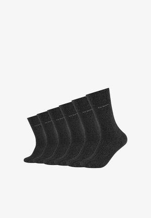 Sechs Paar dunkelgraue Socken aus einem weichen, strukturierten Material mit einem gerippten Muster oben und einem dezenten Logo an der Seite.