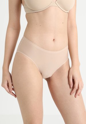 Beige seamless underwear with a smooth texture. Features a mid-rise cut and elastic waistband for comfort. No visible seams or patterns.