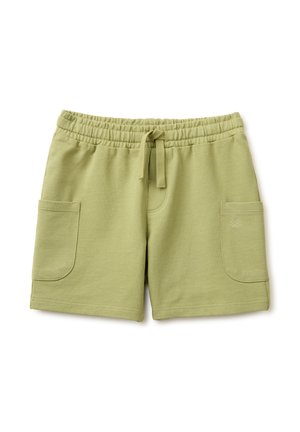 Hellgrüne Baumwollshorts mit elastischem Bund, Kordelzug und großen aufgesetzten Taschen auf beiden Seiten.