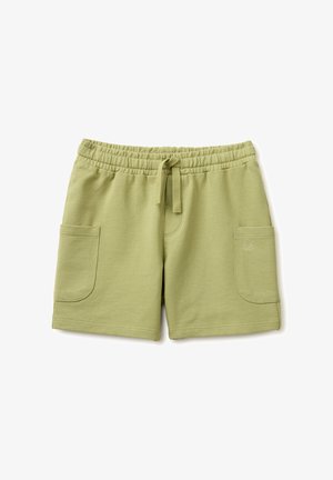 Hellgrüne Baumwollshorts mit elastischem Bund, Kordelzug und großen aufgesetzten Taschen auf beiden Seiten.
