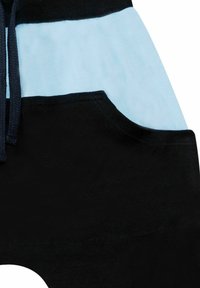 Svarta och ljusblå sweatpants har ett midjeband med snörning, en ficka, en slät textur och en färgblockerad design.