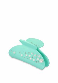 Mintgroene haarklem van plastic, met een glanzende afwerking, gebogen vorm en versieringen van parels en rhinestones.