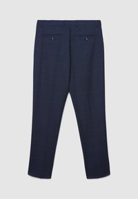 Marineblaue Hose mit feinem Karomuster. Flacher Vorderteil, schmale Passform, zwei Gesäßtaschen mit Knopfverschluss. Hergestellt aus strukturiertem Stoff.