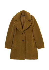 Manteau teddy marron, texturé, avec un col cranté, un design croisé et deux boutons noirs, mettant en avant une doublure intérieure chaude.
