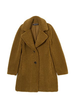Cappotto teddy marrone, testurizzato, con colletto a rever, design doppiopetto e due bottoni neri, dotato di un caldo rivestimento interno.