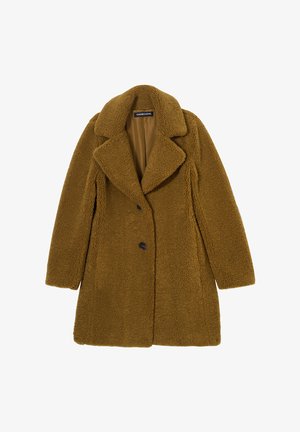 Brown, textured, teddy coat with a notched collar, double-breasted design, and two black buttons, featuring a warm inner lining.