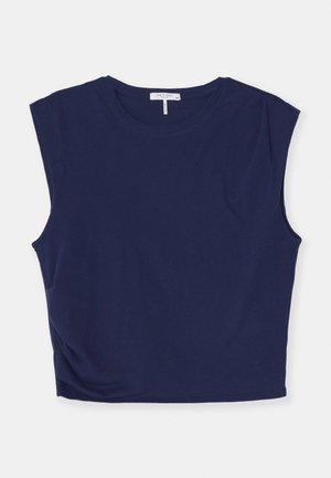 Top senza maniche blu navy accorciato realizzato in morbido tessuto, con colletto rotondo e spalle leggermente strutturate, dalla texture liscia.