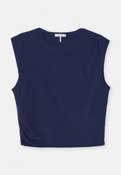 Navy blue cropped sleeveless top made of soft fabric, featuring a round neck and slightly structured shoulders, with a smooth texture.