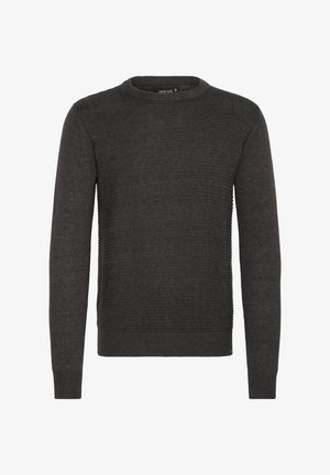 Donkergrijze crewneck trui van textuurstof met ribbelboorden en -zoom. Eenvoudig, veelzijdig ontwerp dat geschikt is voor laagjes.