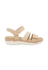 Beige sandaal met twee gestructureerde stoffen banden en verstelbare klittenbandsluitingen. Heeft een platformzool en een geweven patroon op de tussenzool.