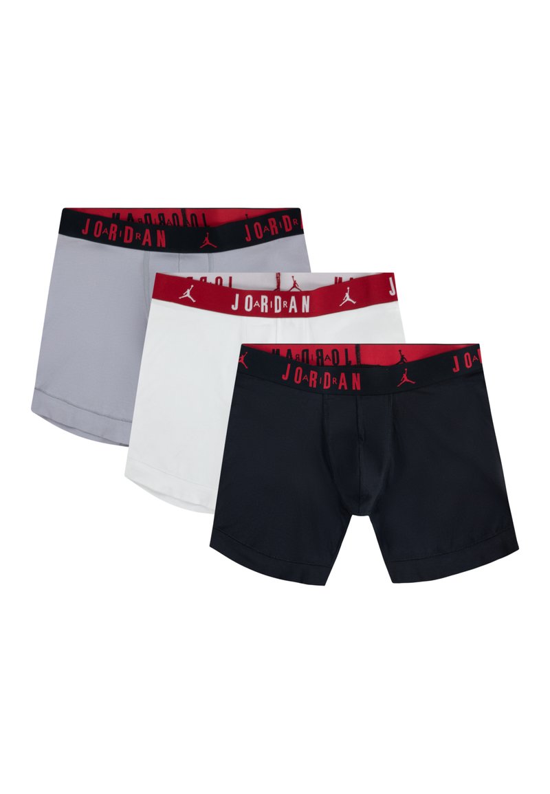 Három pár férfi alsónadrág szürke, fehér és tengerészkék színben, rugalmas derékkal, piros és fekete Jordan márkázással.