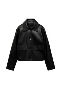 Sorte læderjakke med krave, forreste knapper og to store påsyede lommer. Glat tekstur og cropped design.