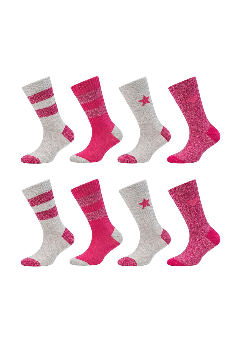 Set di otto calzini in rosa e grigio. I motivi includono righe e stelle. Il materiale sembra morbido, con alcuni accenti di glitter su alcune coppie.