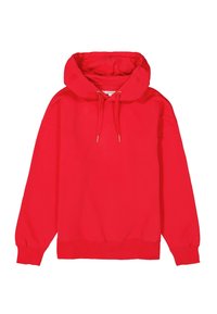 Sudadera roja de tejido suave en mezcla de algodón con capucha ajustable, puños y dobladillo acanalados. Textura lisa, corte relajado, con ojales en tono dorado.