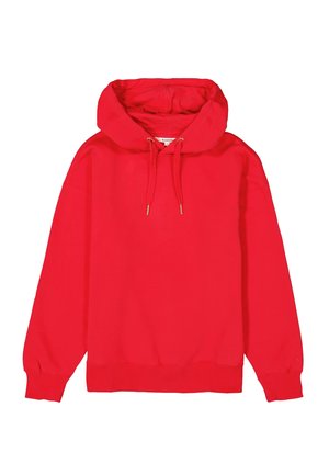 Haut à capuche rouge en tissu mélangé coton avec cordon de serrage, poignets et ourlet côtelés. Texture lisse, coupe décontractée, avec œillets dorés.