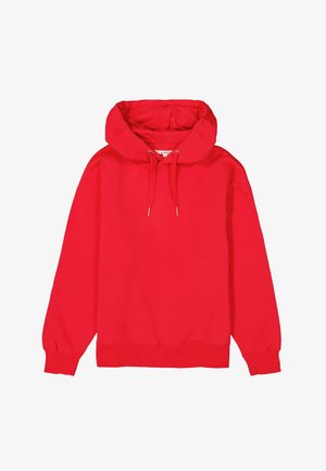 Haut à capuche rouge en tissu mélangé coton avec cordon de serrage, poignets et ourlet côtelés. Texture lisse, coupe décontractée, avec œillets dorés.