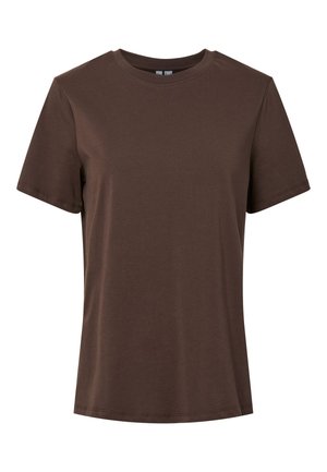 Plain brown short-sleeve crew neck cotton t-shirt, displayed on a white background.