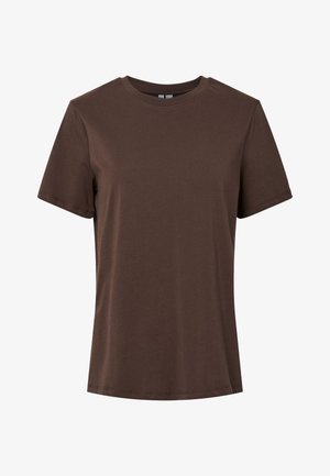 T-shirt en coton marron uni à manches courtes et col rond, présenté sur un fond blanc.