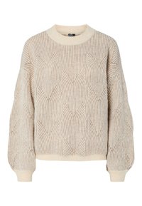 Beige strikkegenser med et teksturert mønster av vertikale striper og diamantformer, med rund hals og ribbestrikkede mansjetter og nederkant.