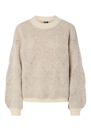 Pull en tricot beige avec un motif texturé de rayures verticales et de formes en losange, doté d'un col rond et de poignets et d'un ourlet côtelés.