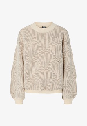 Beige strikket sweater med et tekstureret mønster af lodrette striber og diamantformer, med rund hals og ribbede manchetter og kant.