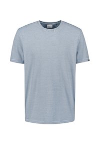 Lichtblauw T-shirt met korte mouwen en horizontale witte strepen. Ronde halslijn en normale pasvorm. Label op de linkermouw. Zacht katoenmateriaal.